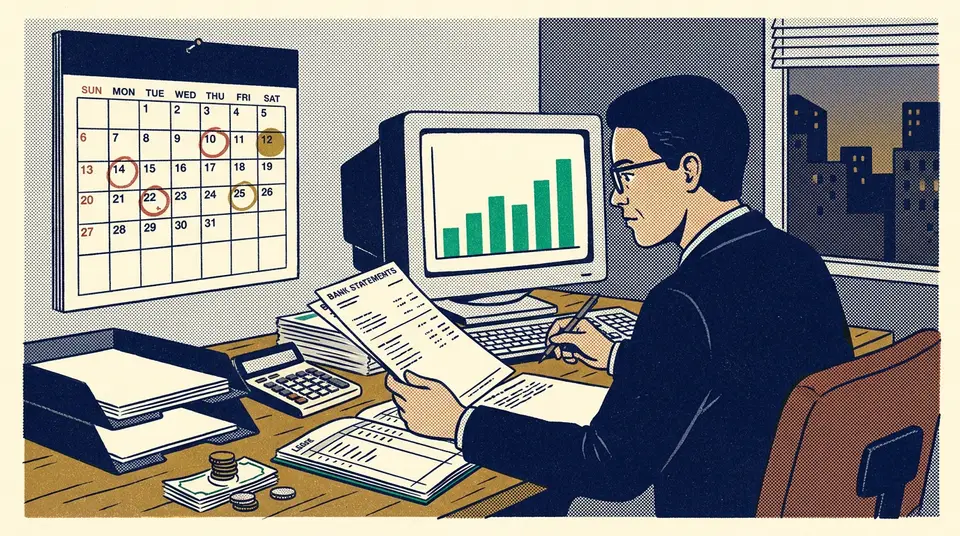 A business owner compares a wall calendar to bank statements, illustrating the link between timing and cash flow.