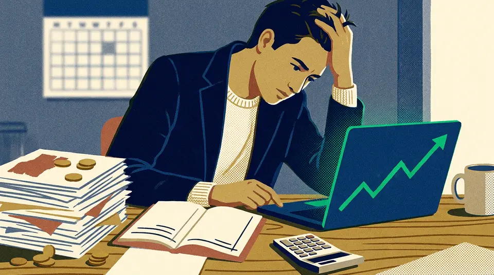 A person looks stressed between a rising digital chart and a pile of unpaid paper invoices on a desk.