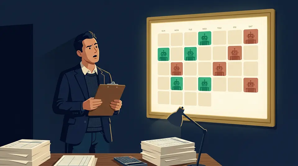A business owner compares a paper clipboard to a digital calendar where human tasks are becoming automated icons.