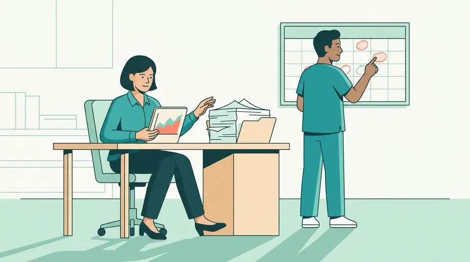 A practice manager reviews a fluctuating financial graph on a tablet next to a stack of medical billing charts.