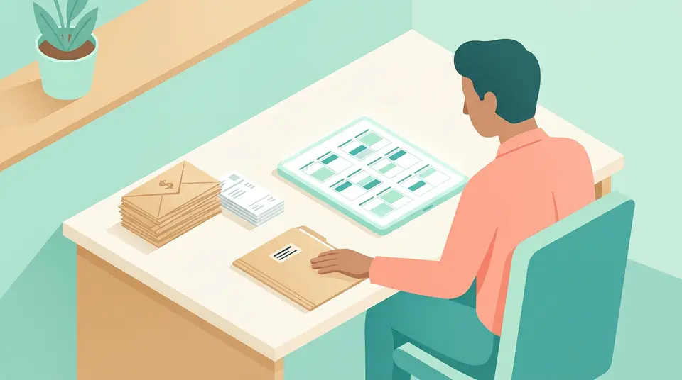 A manager at a desk organizes stacks of bills and payroll envelopes beside a calendar to manage cash flow.