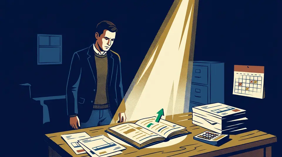A professional stands over a ledger illuminated by a harsh spotlight, symbolizing the new era of data scrutiny.