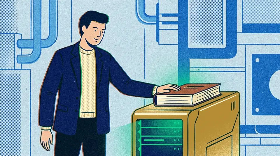 A finance professional places a paper ledger on top of advanced quantum server infrastructure.