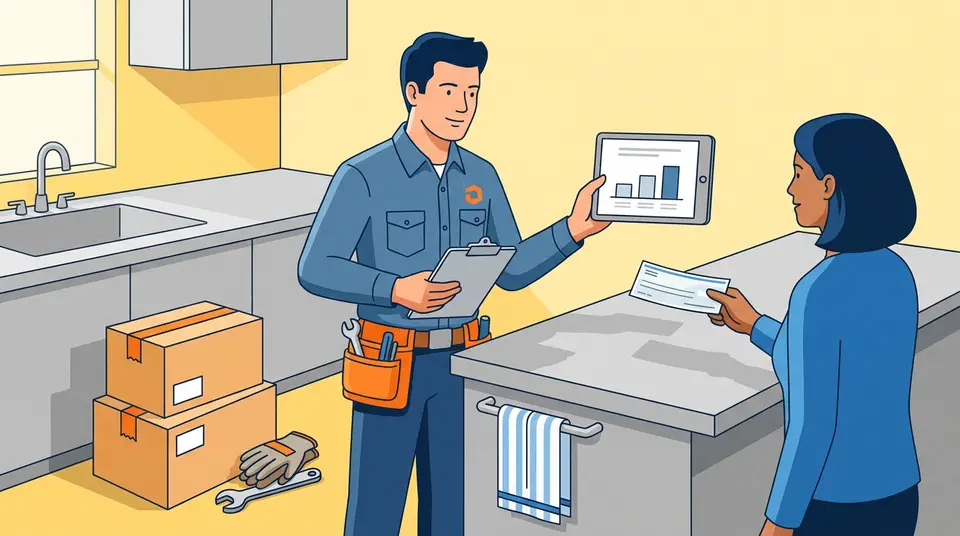 A technician shows a three-stage payment plan to a homeowner in a kitchen, symbolizing variable retention billing.