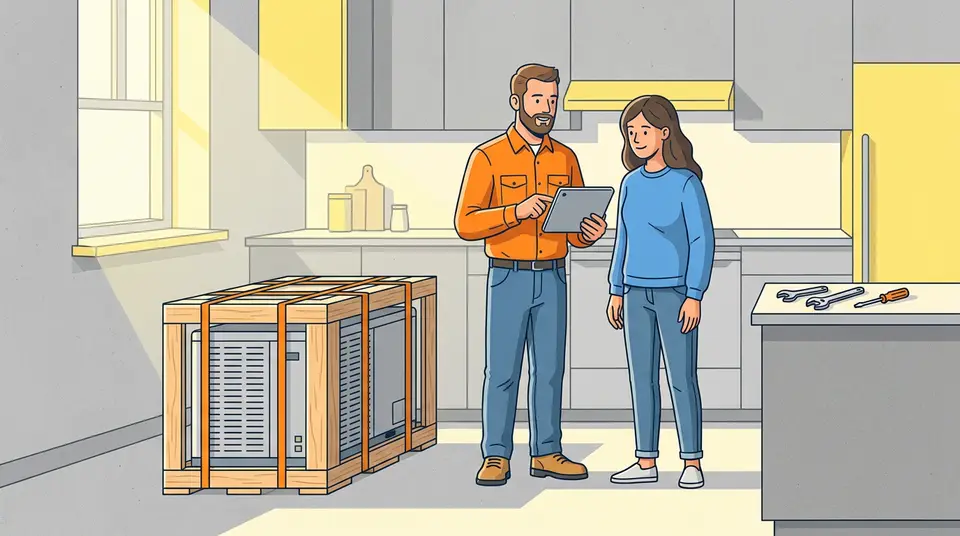 A technician shows a tablet to a homeowner next to an uninstalled HVAC unit, representing rising material carry costs.