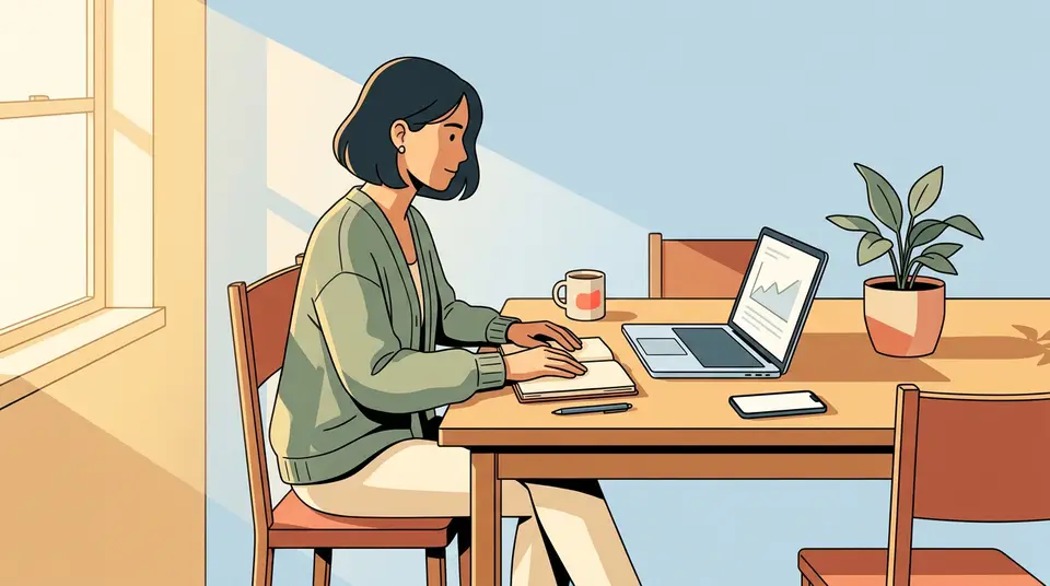 A woman pauses at her kitchen table, looking at her work while ignoring a smartphone nearby to build focus.