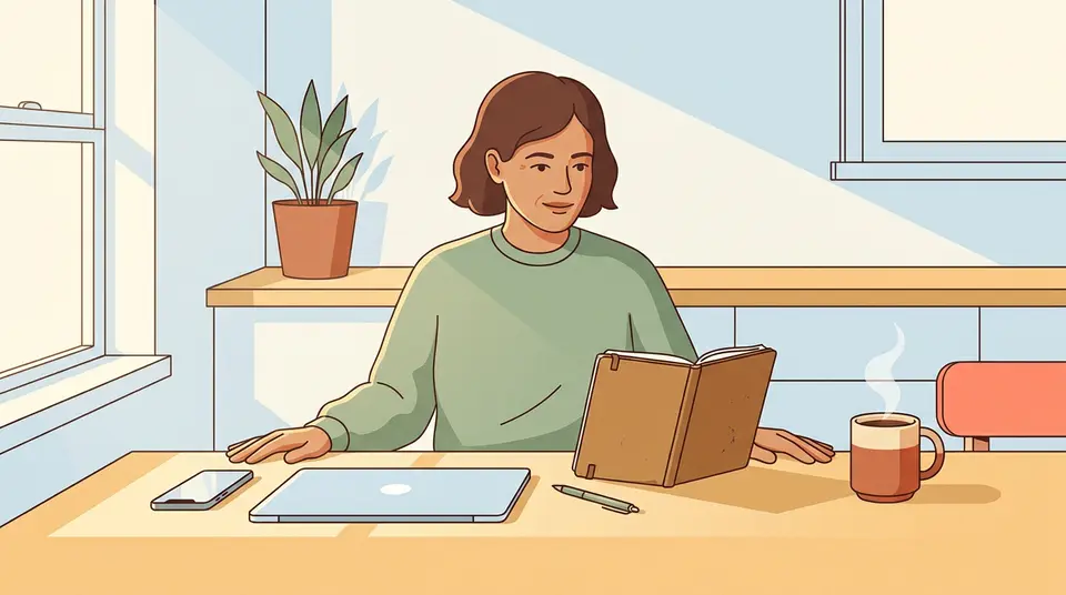 A person at a table ignores their face-down phone to focus on a notebook, illustrating impulse control.