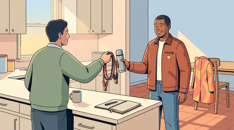 A person offers jumper cables to a neighbor in a kitchen, choosing community help over a new designer coat.