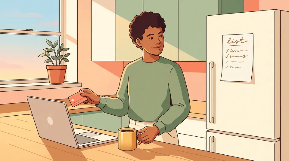 A person pauses before an online purchase, looking at a handwritten note on the fridge instead of the screen.