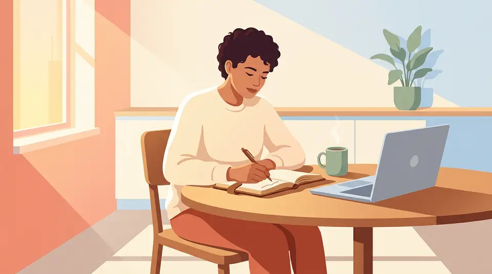 A person writes a personal to-do list in a notebook at a sunny kitchen table before starting work.