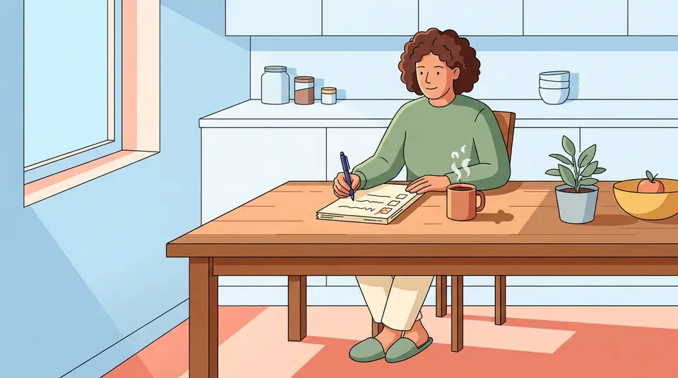 A man at a kitchen table early in the morning marks a task complete on his personal to-do list.