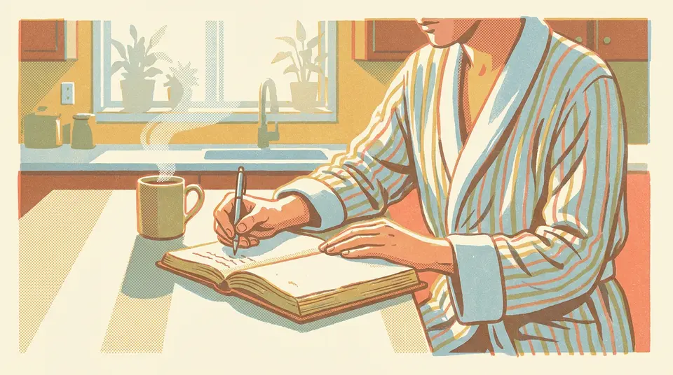 A person writing in a notebook at a kitchen counter at sunrise, illustrating starting a task before checking screens.