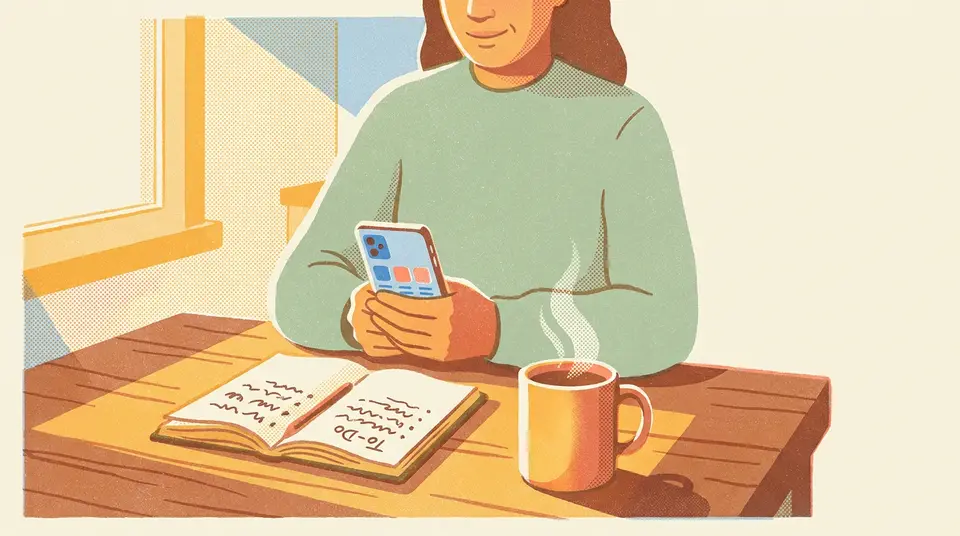 A person at a kitchen table clearing their phone feed next to a notebook, illustrating curating digital inputs.