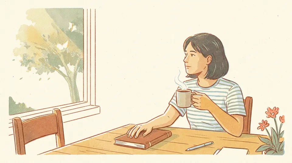 A person sits peacefully at a sunlit kitchen table with a notebook and mug, illustrating mental readiness.