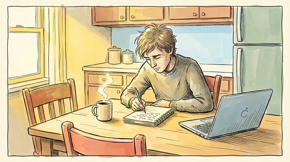 A person writing in a notebook at a kitchen table before opening their laptop, illustrating focus on a single task.