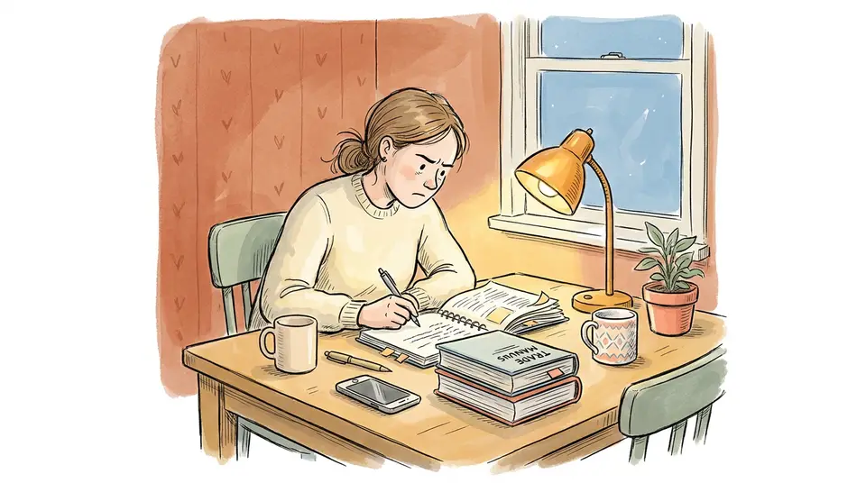 A woman studies technical books at a kitchen table at night, choosing learning over expensive distractions.