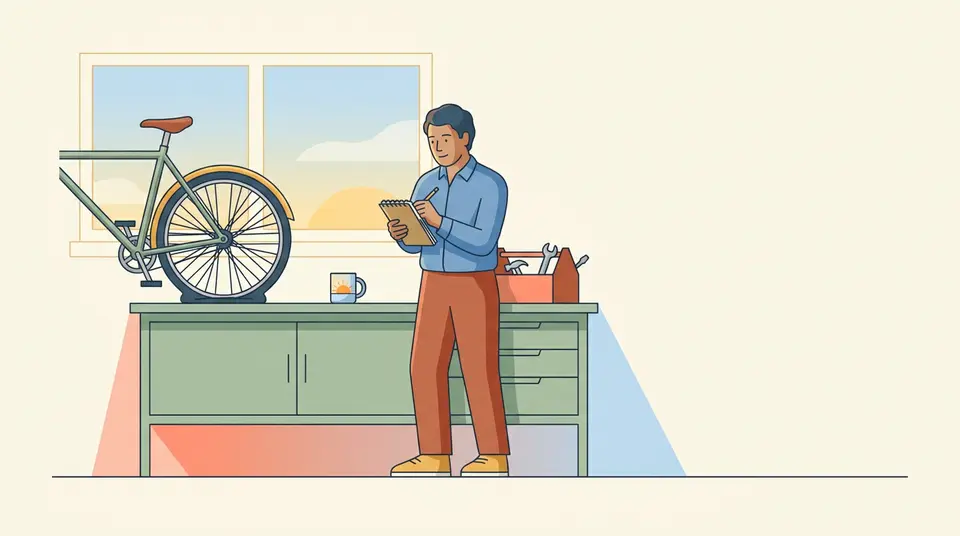 A person examines a bicycle in a garage, taking notes on a clipboard to calmly diagnose a mechanical issue.
