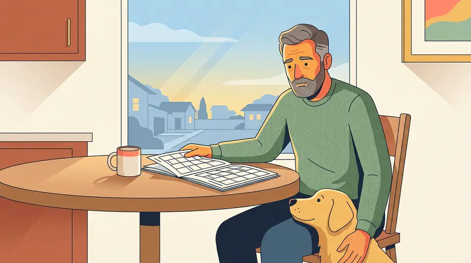 A man looking exhausted at a kitchen table with a planner and empty mug, illustrating a mismatch of energy and tasks.