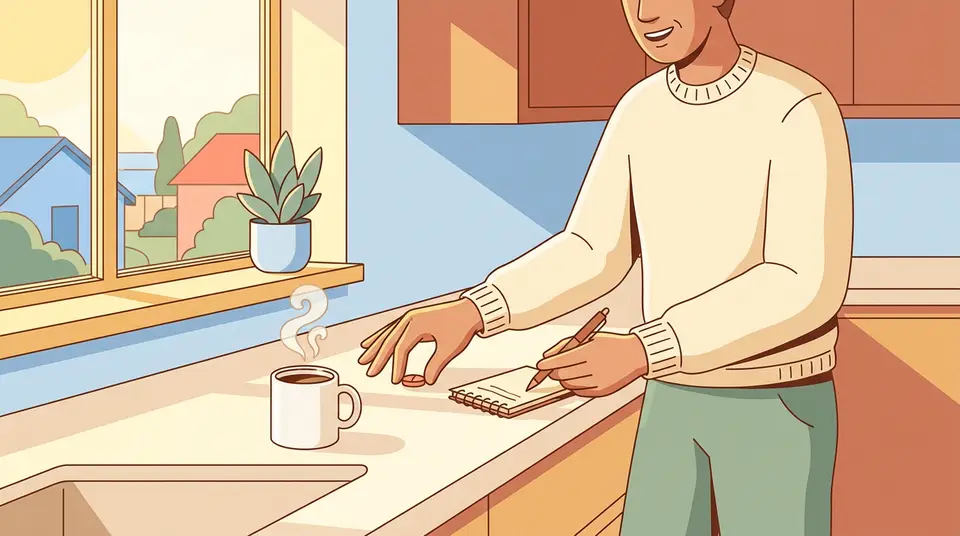 A person places a notebook by their morning coffee, illustrating how to anchor a new habit to an existing routine.