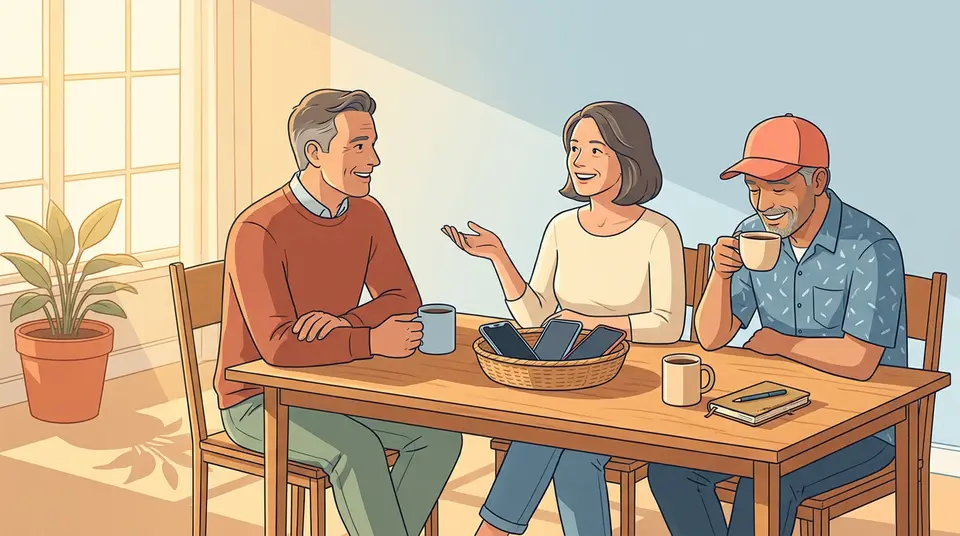 A group of friends laughing at a table with their phones put away, illustrating how social circles set better habits.