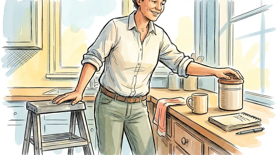 A person uses a step stool to reach a high shelf in a kitchen, representing discipline as a temporary support.