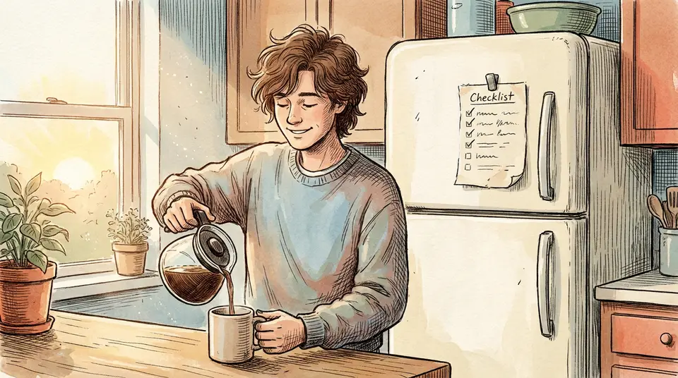 A person pouring coffee next to a refrigerator with a checkmark list, illustrating the ease of daily routine.