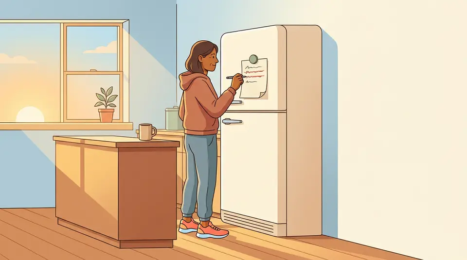 A person crosses a small task off a fridge list in a morning kitchen, illustrating how small wins build momentum.