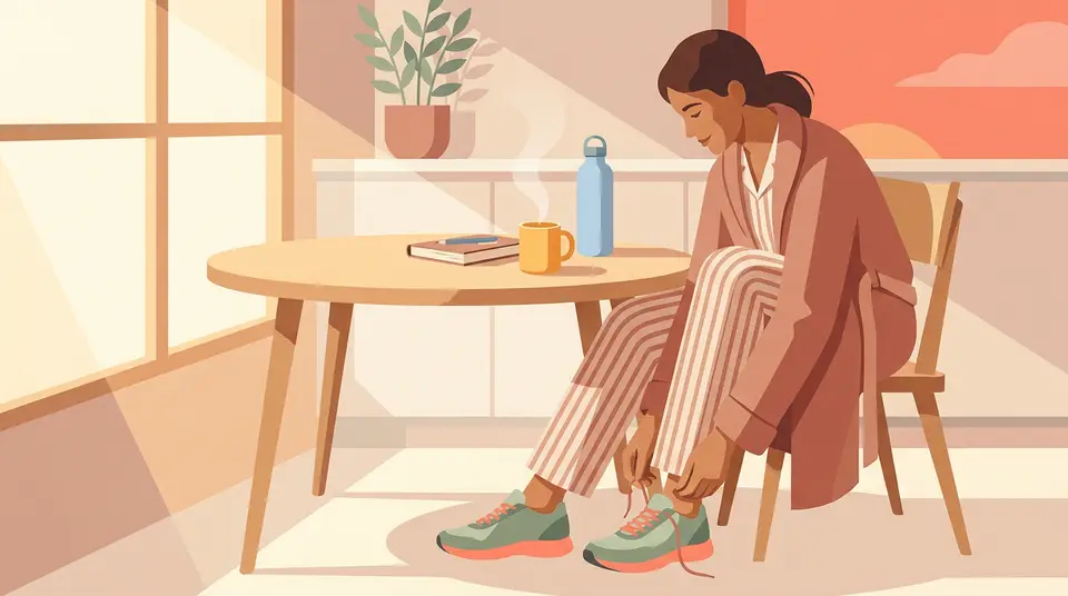 A person lacing up sneakers at a kitchen table with coffee nearby, illustrating habit design over willpower.