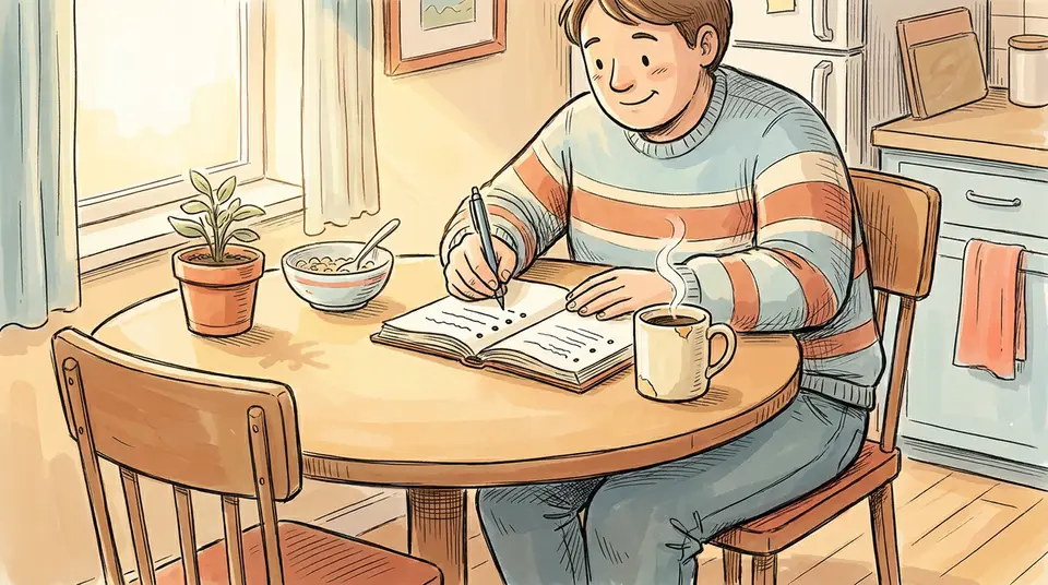 A person writes a short list in a notebook at a kitchen table, symbolizing setting weekly intentions.