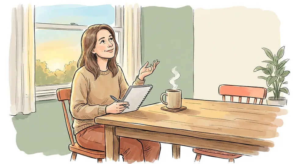 A woman sits at a sunlit table with a notebook, practicing a high-stakes task to stay calm and focused.