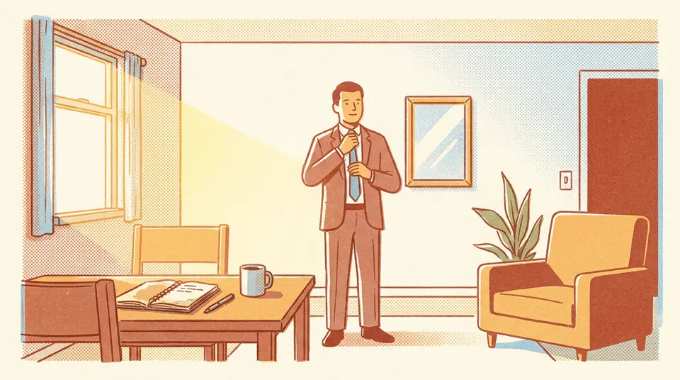 A man in a suit practices his reflection in a home mirror, symbolizing the mental rehearsal of a new role.