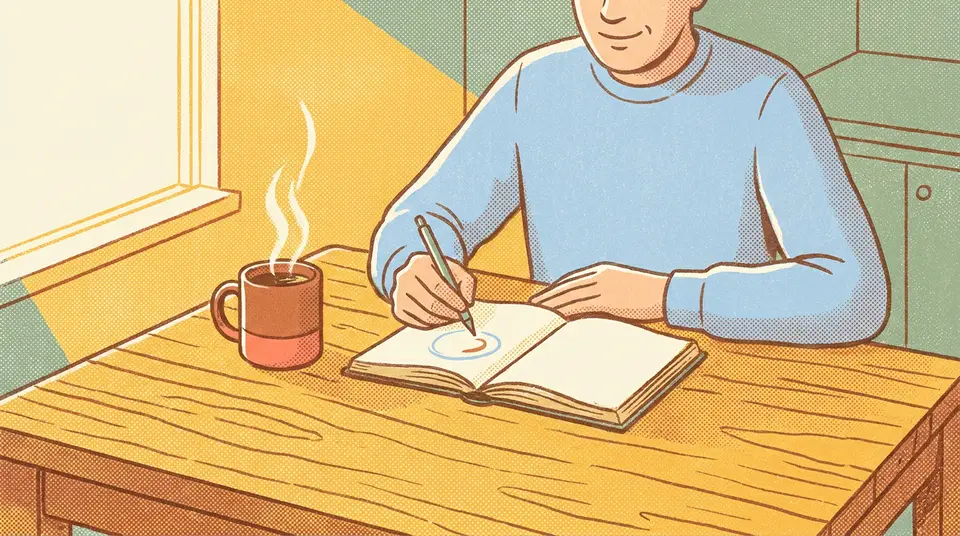 A person at a sunny table circling a goal in their notebook, illustrating the shift from fear to desire.
