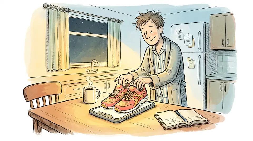 A person places running shoes on top of a phone on a kitchen table to prompt a morning workout habit.
